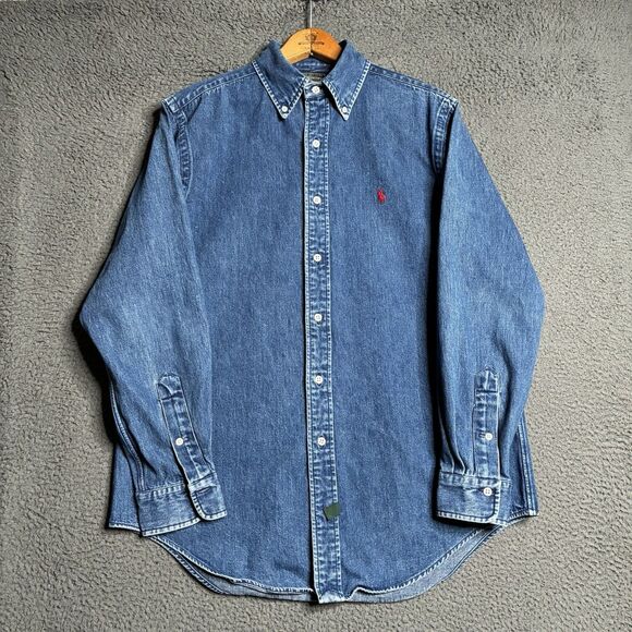 Vintage Polo Country Ralph Lauren Denim Shirt Mens Medium Western Cowboy - Picture 1 of 14